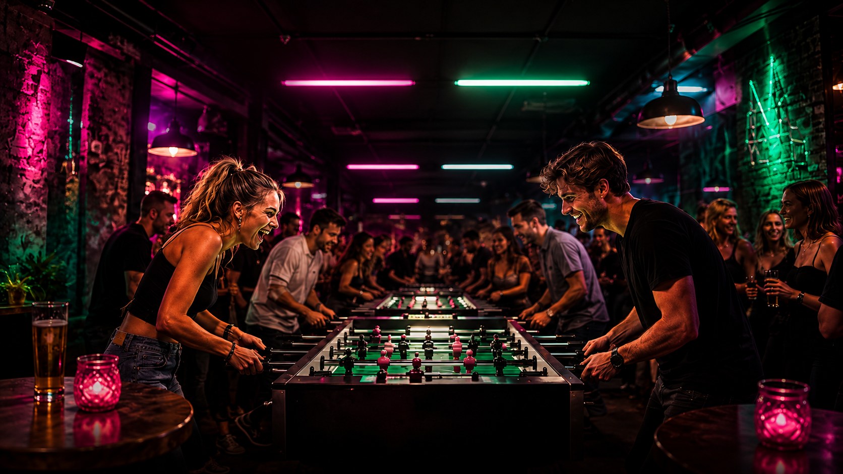 Neonbeleuchtete Kicker-Bar mit jungen Menschen beim Spielen